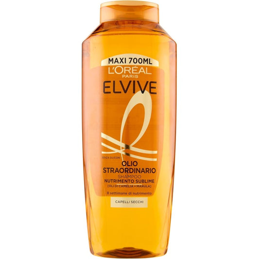 Bottiglia di shampoo L'Oréal Paris L'Oréal Paris Elvive Olio Straordinario 700ml in formato maxi, con packaging dorato e dettagli botanici, formulato con oli di camelia e marula, indicato per capelli secchi e crespi, nutrimento intenso senza siliconi.