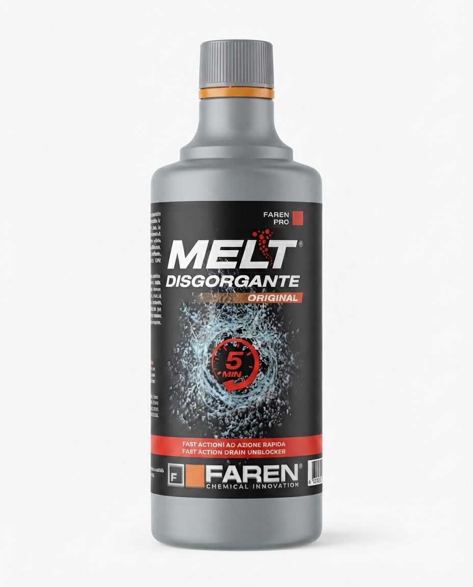 Melt Disgorgante Liquido Professionale 750 ml, stura tubi potente per scarichi domestici e industriali, formula ad azione rapida con acido solforico concentrato per eliminare otturazioni e residui.
