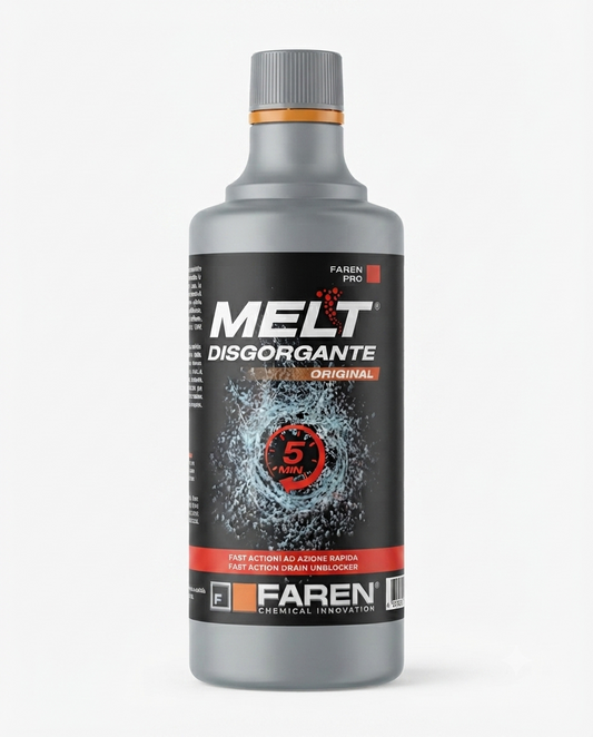 Melt Disgorgante Liquido Professionale 750 ml, stura tubi potente per scarichi domestici e industriali, formula ad azione rapida con acido solforico concentrato per eliminare otturazioni e residui.