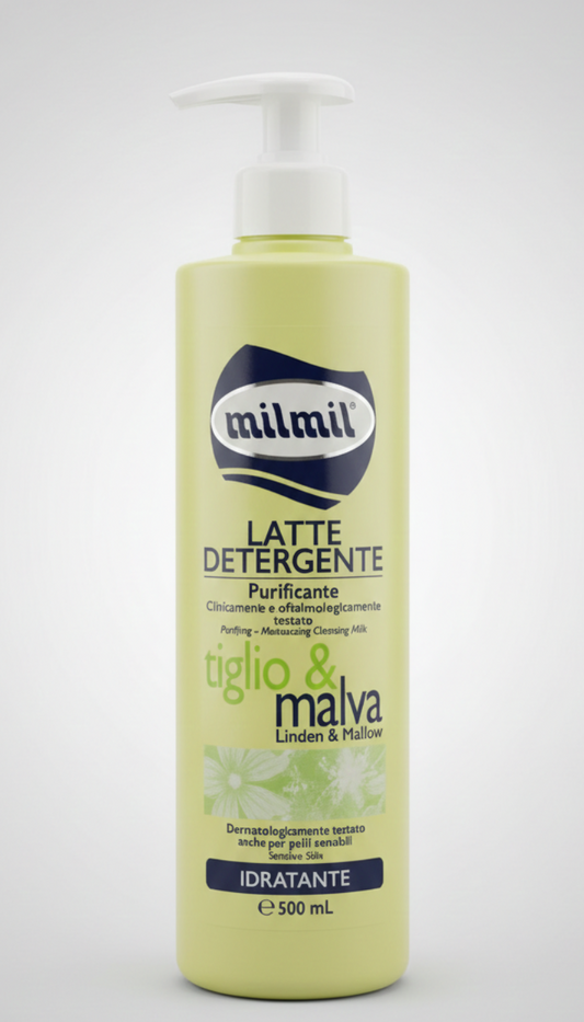 MIL MIL Latte Detergente 500 ml | Struccante Viso, Occhi e Labbra 3-in-1 | Purificante e Idratante con Tiglio e Malva | Clinicamente Testato | Maxi Formato