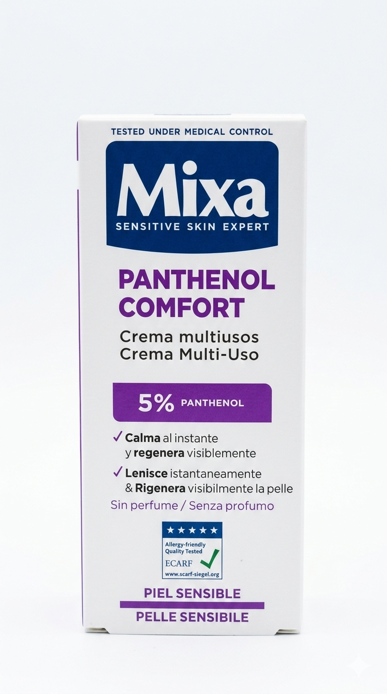 Crema Multiuso Mixa Panthenol Comfort Mixa da 50ml con 5% pantenolo, trattamento lenitivo e rigenerante per viso, mani e corpo, ideale per pelli molto sensibili e secche, formula ipoallergenica senza profumo a rapido assorbimento.