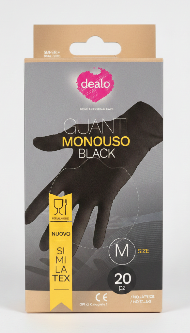 Dealo Guanti Monouso Black Similatex – 20 Pezzi – Idonei al Contatto Alimentare – Senza Lattice e Senza Talco – Alta Resistenza per Cucina e Pulizia