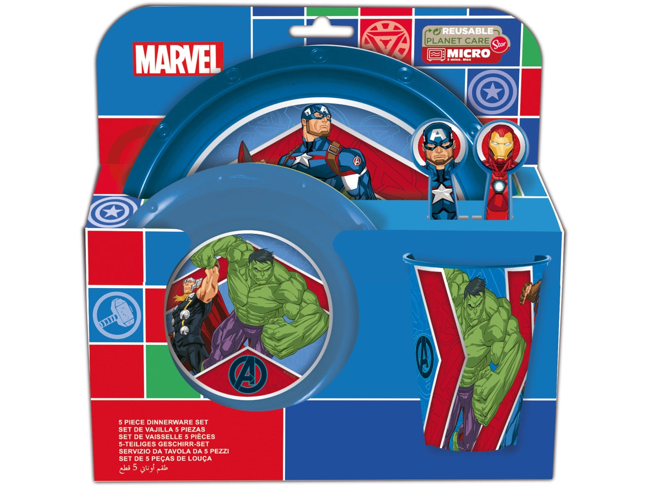 Marvel Set Pappa 5 Pezzi – Supereroi Ufficiali – Piatto, Ciotola, Bicchiere e Posate – Resistente e BPA Free