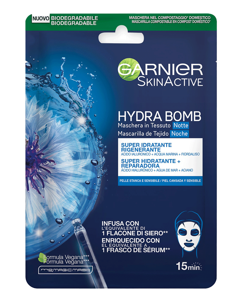 Garnier Hydra Bomb Maschera in Tessuto Notte Super Idratante e Rigenerante – Con Acido Ialuronico, Acqua Marina e Fiordaliso – 28g