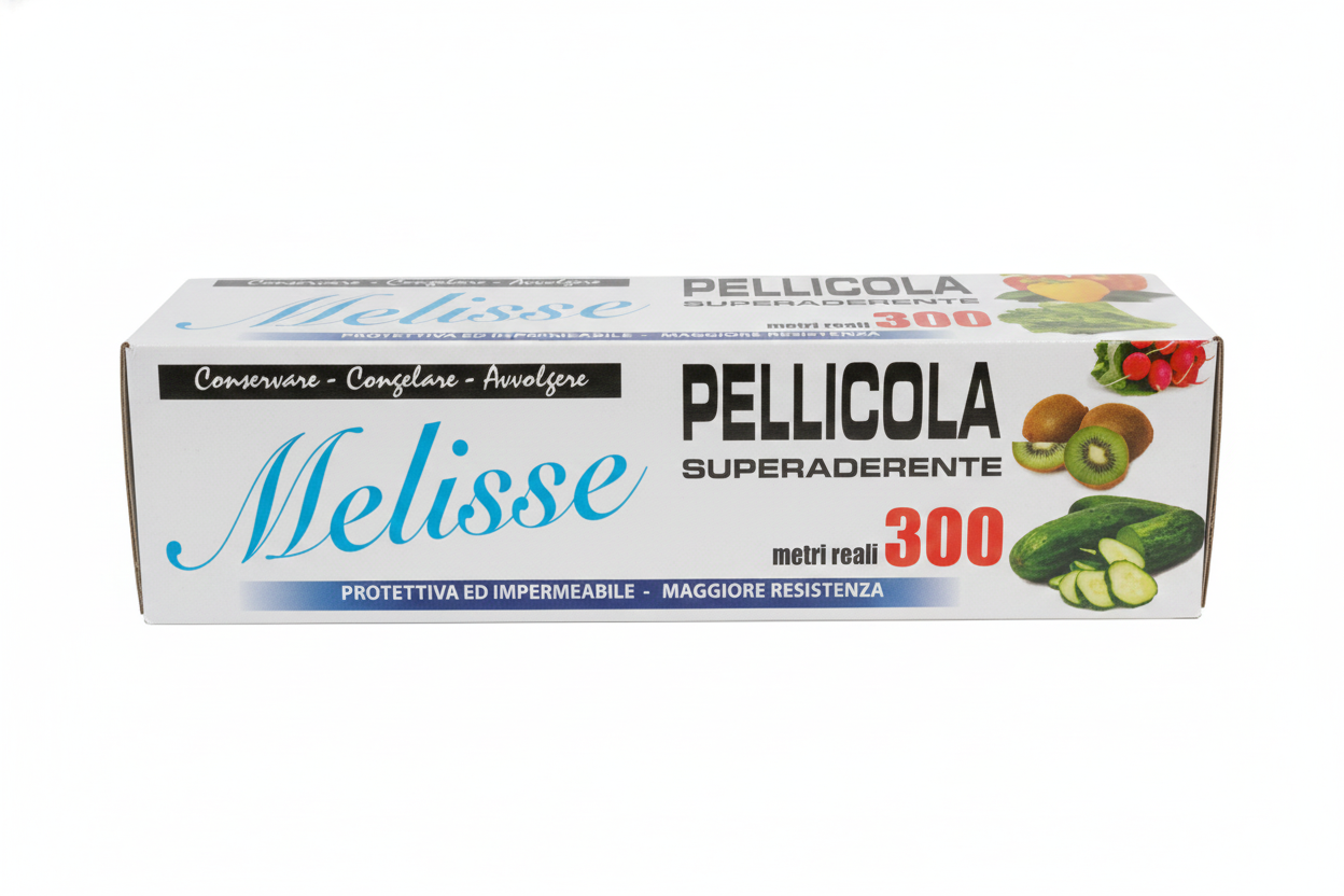 Melisse Pellicola Trasparente Super Aderente | Rotolo Professionale 300 Metri | Sigillo Impermeabile e Resistente | Per Frigo, Congelatore e Asporto