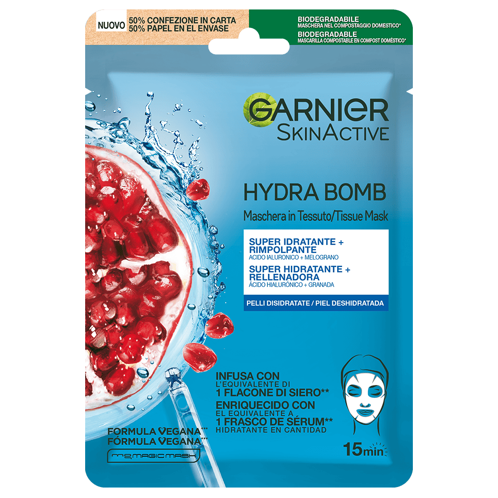 Garnier Hydra Bomb Maschera in Tessuto Super Idratante Energizzante | Estratto di Melograno e Acido Ialuronico | Trattamento Viso Intensivo per Pelli Disidratate | Effetto Rivitalizzante 15 Minuti