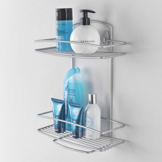 Mensola doccia Metaltex Onda Line a 2 piani in filo d'acciaio con rivestimento Polytherm, porta shampoo e spugne.