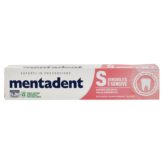 Mentadent S Sensibilità & Gengive 75ml – Dentifricio Specialistico Rapido Sollievo – Formula Delicata Bassa Abrasività – Protezione Smalto e Gengive