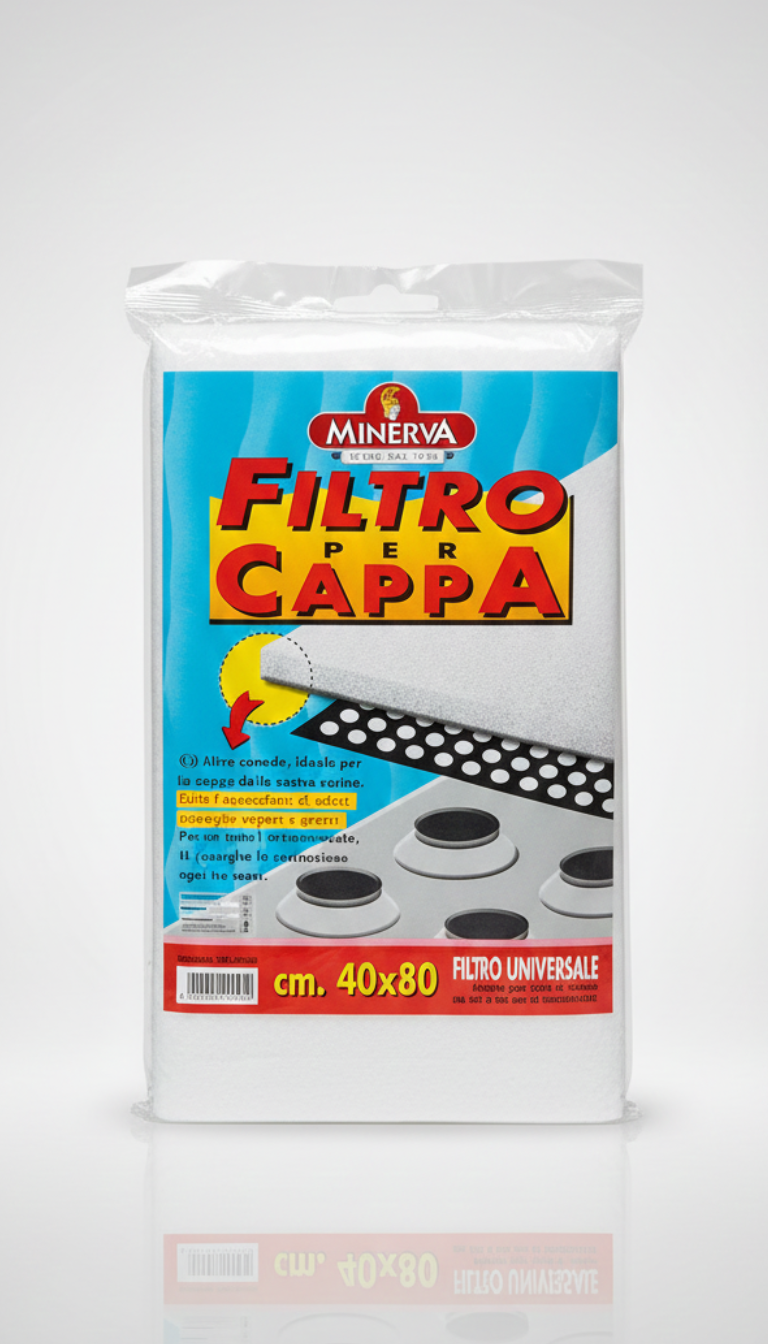 Filtro cappa universale Minerva 40x80 cm in poliestere ignifugo, ritagliabile, assorbe grassi e riduce gli odori.