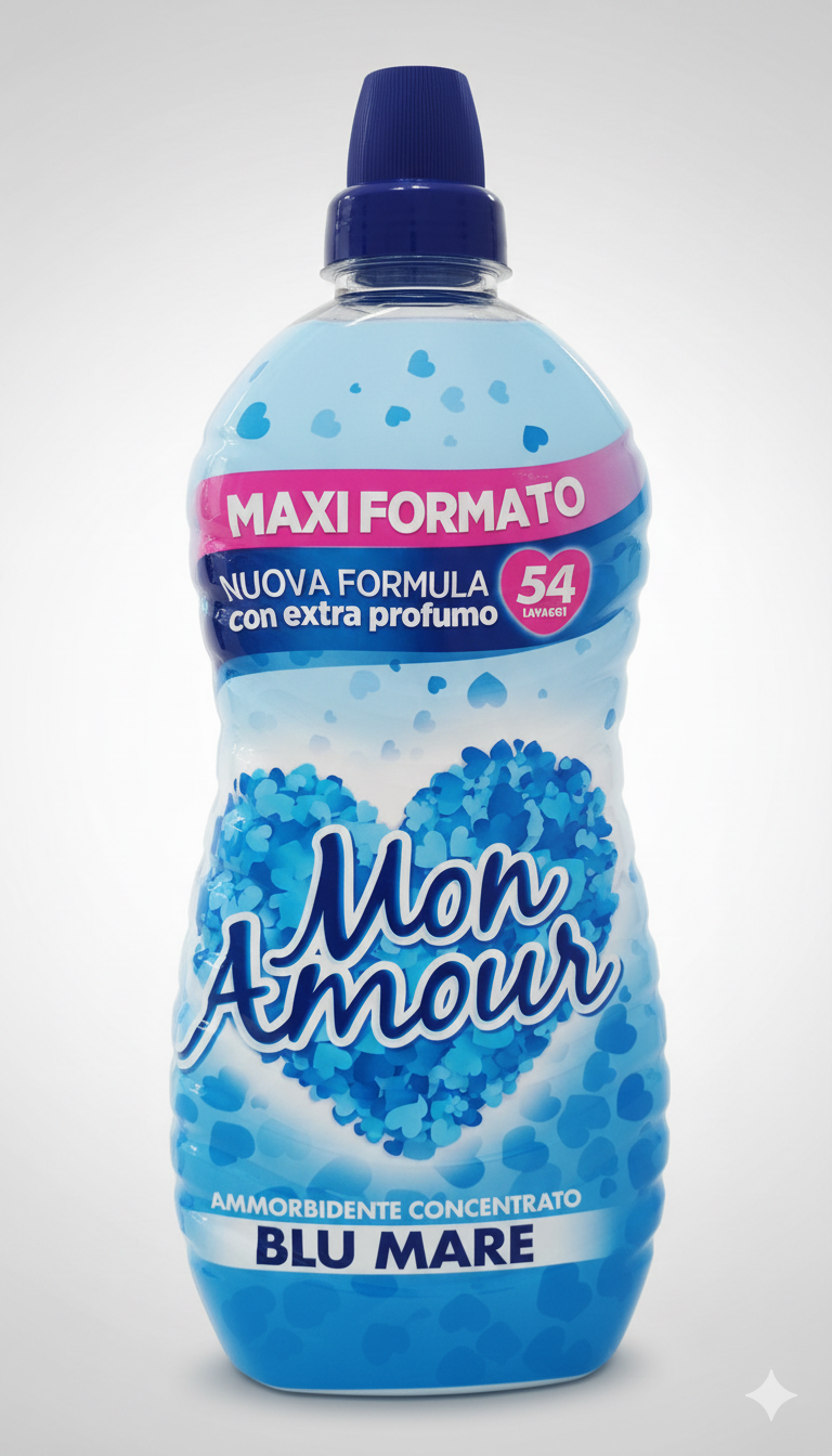 Mon Amour Blu Mare ammorbidente concentrato 1,35 L, 54 lavaggi, extra profumo, Easy Ironing, Made in Italy.