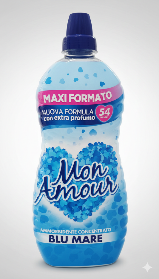 Mon Amour Blu Mare ammorbidente concentrato 1,35 L, 54 lavaggi, extra profumo, Easy Ironing, Made in Italy.