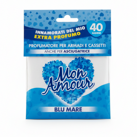 Mon Amour Profumatore Armadi e Cassetti Blu Mare | Innovativo Uso in Asciugatrice | 1 Pezzo | Base Naturale in Riso Soffiato | Freschezza 40 Giorni | Anti-Macchia