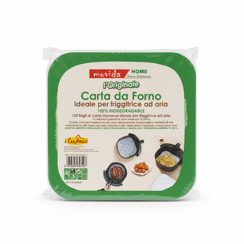 Movida Home | Carta da Forno per Friggitrice ad Aria | 100 Fogli Monouso | Quadrata 19x19 cm | 100% Biodegradabile | PFAS Free | Resistente fino a 230°C | Certificata FSC