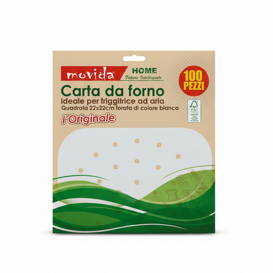 Movida Home Carta da Forno per Friggitrice ad Aria 100 Fogli – Quadrata 22x22 cm Forata – Biodegradabile FSC – Resistente 230°C