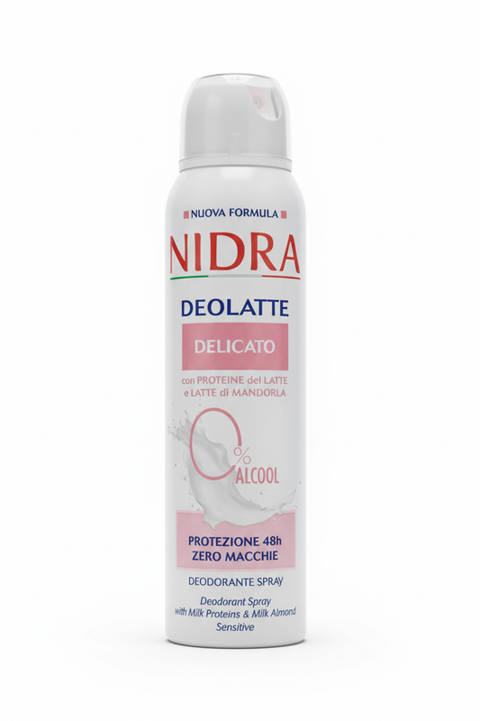 Nidra Deolatte Delicato Deodorante Spray 150 ml – 48h Invisible Anti-Macchie – 0% Alcool – Con Proteine del Latte e Mandorla