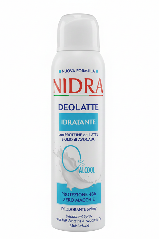 Nidra Deolatte Idratante Deodorante Spray 150 ml – Protezione 48h Invisible Anti-Macchie – 0% Alcool – Con Proteine del Latte