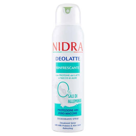 Nidra Deolatte Rinfrescante Deodorante Spray 150 ml – 48h Protezione Naturale – 0% Sali di Alluminio – Con Proteine del Latte e Bio Aloe