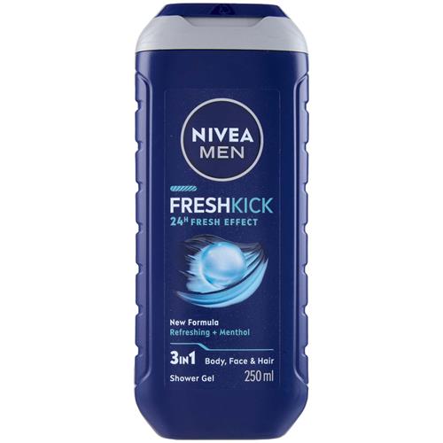 NIVEA MEN Fresh Kick Doccia Gel 3-in-1 | 250ml | Effetto Freschezza 24h con Mentolo | Corpo, Viso e Capelli | pH Neutro sulla Pelle