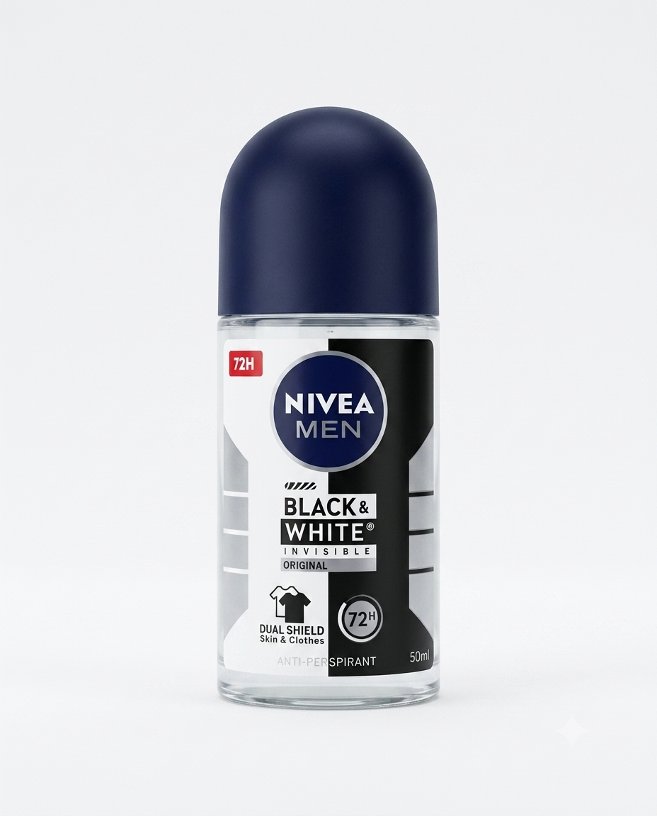 Nivea Men Black & White Invisible Roll-On 50ml, antitraspirante 72h antimacchia 5in1, senza alcool etilico.