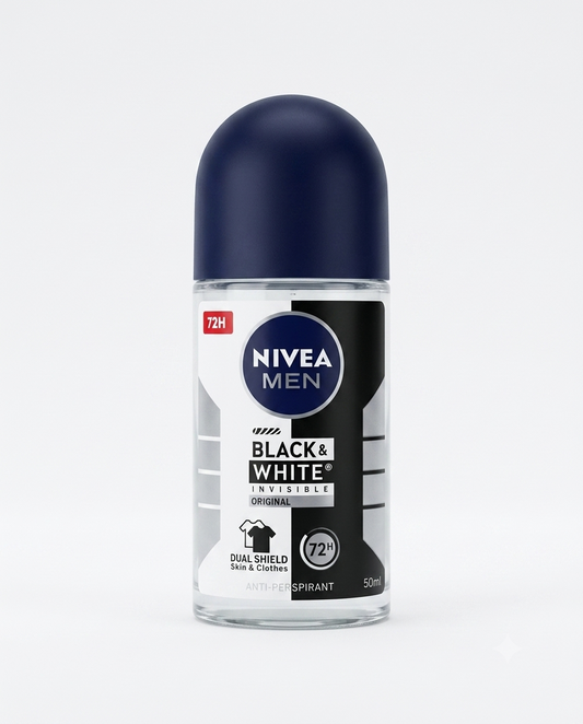 Nivea Men Black & White Invisible Roll-On 50ml, antitraspirante 72h antimacchia 5in1, senza alcool etilico.