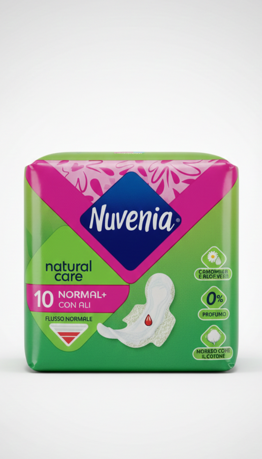 Nuvenia Natural Care Giorno Normal con Ali 10 Pezzi | Assorbenti con Aloe Vera e Camomilla | Senza Profumo per Pelli Sensibili