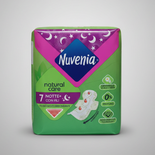 NUVENIA Natural Care Notte con Ali 7 Pezzi | Assorbenti Notturni Ipoallergenici | Con Aloe Vera e Camomilla | Senza Profumo per Pelli Sensibili | Massima Protezione Notturna