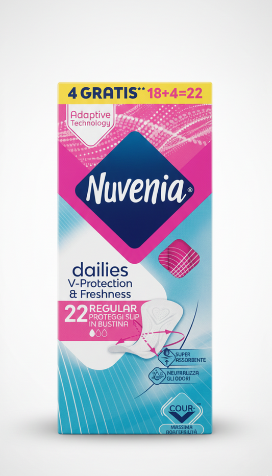 NUVENIA Regular Ripiegato 22 Pezzi | Proteggi Slip in Bustine Singole Igieniche | Tecnologia CurveFit per Massima Aderenza | Traspiranti e Dermatologicamente Testati