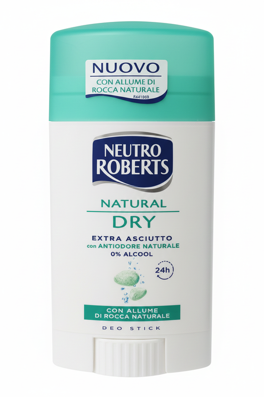 Neutro Roberts Deodorante Natural Dry Stick 40ml | Extra Asciutto 24H con Allume di Rocca Naturale | 0% Alcool e Senza Parabeni | Protezione Delicata e Traspirante