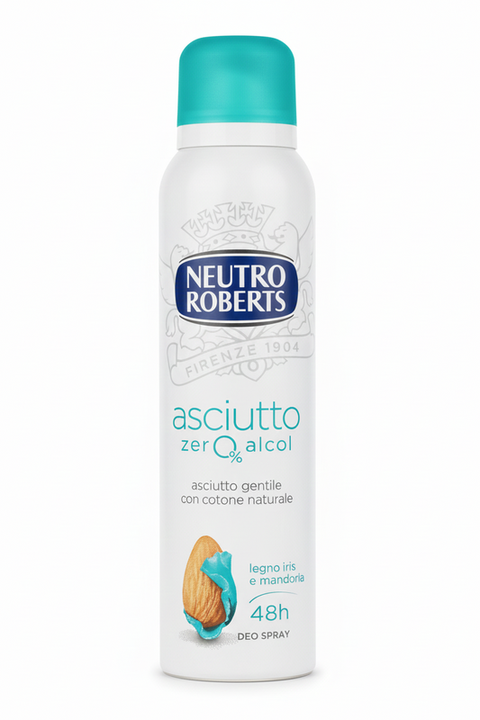 Neutro Roberts Asciutto Zero Alcol Deodorante Spray 150ml Legno Iris & Mandorla – Protezione 48h Vellutata