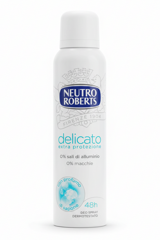 Neutro Roberts Deodorante Spray Delicato 150ml – 48H Zero Sali Alluminio – Anti-Macchie – Profumo Iconico – Con Glicerina