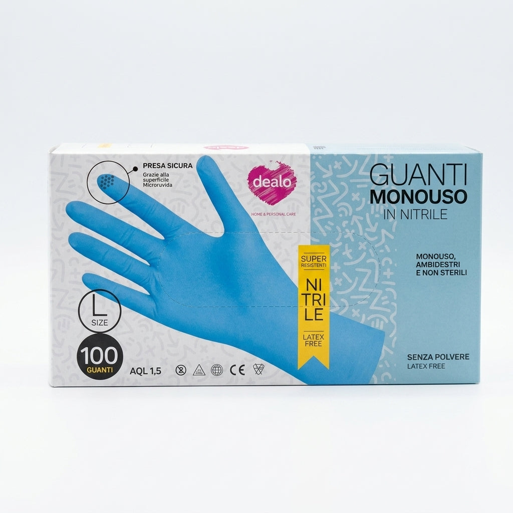 Dealo Guanti Monouso in Nitrile Blu XL 100 Pezzi Microruvidi Senza Polvere – Protezione DPI Cat III e Dispositivo Medico Cl. I