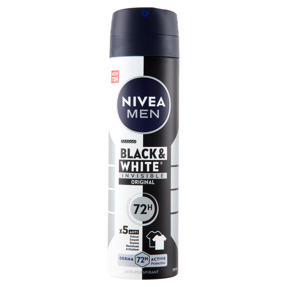 Nivea Men Black & White Invisible Original 150ml – Deodorante Spray Anti-Macchia 72h – Formula 5in1 Senza Alcool