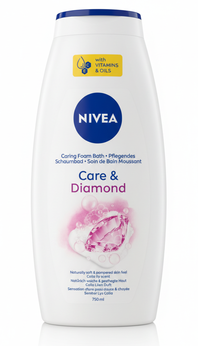 NIVEA Care & Diamond Bagnodoccia Nutriente Illuminante 750ml con essenza di Fiore di Calla e formula Diamond Touch, detergente corpo idratante con oli nutrienti e vitamine, effetto pelle luminosa e setosa, pH fisiologico, maxi formato per uso quotidiano e familiare.