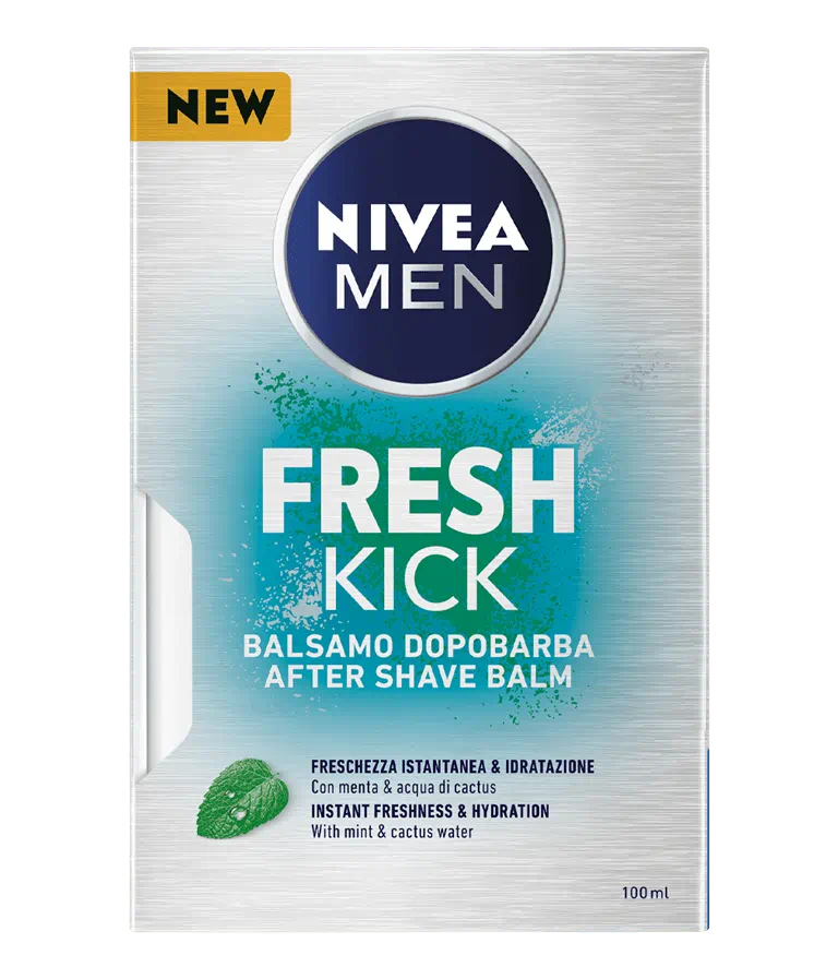 Nivea Men Fresh Kick After Shave Balm 100 ml, balsamo dopobarba con menta e acqua di cactus, per un'idratazione immediata e una sensazione rinfrescante dopo la rasatura.