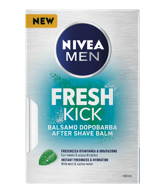 Nivea Men Fresh Kick After Shave Balm 100 ml, balsamo dopobarba con menta e acqua di cactus, per un'idratazione immediata e una sensazione rinfrescante dopo la rasatura.