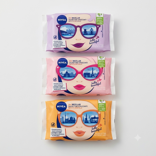 NIVEA 3in1 Micellar Salviettine Struccanti 25 pezzi, salviettine detergenti per rimuovere trucco anche waterproof, con Pro-Vitamina B5 e Hydramine, realizzate in tessuto 100% vegetale, ideali per detergere delicatamente il viso e lasciare la pelle pulita, fresca e morbida.