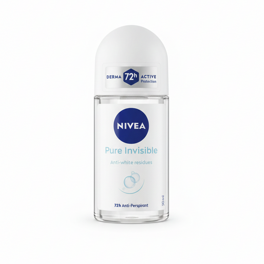 Deodorante roll-on NIVEA Pure Invisible 50 ml, protezione anti-traspirante 72 ore, anti-residui bianchi e asciugatura rapida.