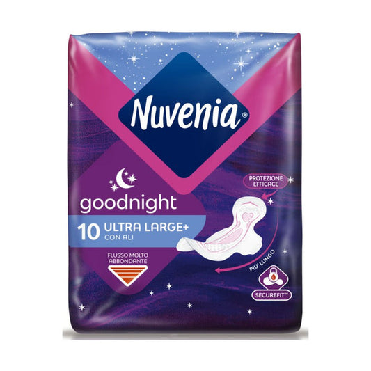 Nuvenia Goodnight Ultra Large+ Assorbenti Notte con Ali 10 Pezzi – Tecnologia Max Cour-V™ e Protezione 3X Zone Anti-Perdite