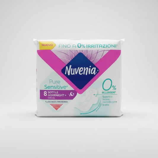 Nuvenia Pure Sensitive™ Assorbenti Notte con Ali 8 Pezzi | Protezione 0% Irritazioni e Allergeni | Tecnologia Cour-V™ 3X Zone di Assorbenza | Ultra Sottili per Pelli Sensibili | Testati Ginecologicamente