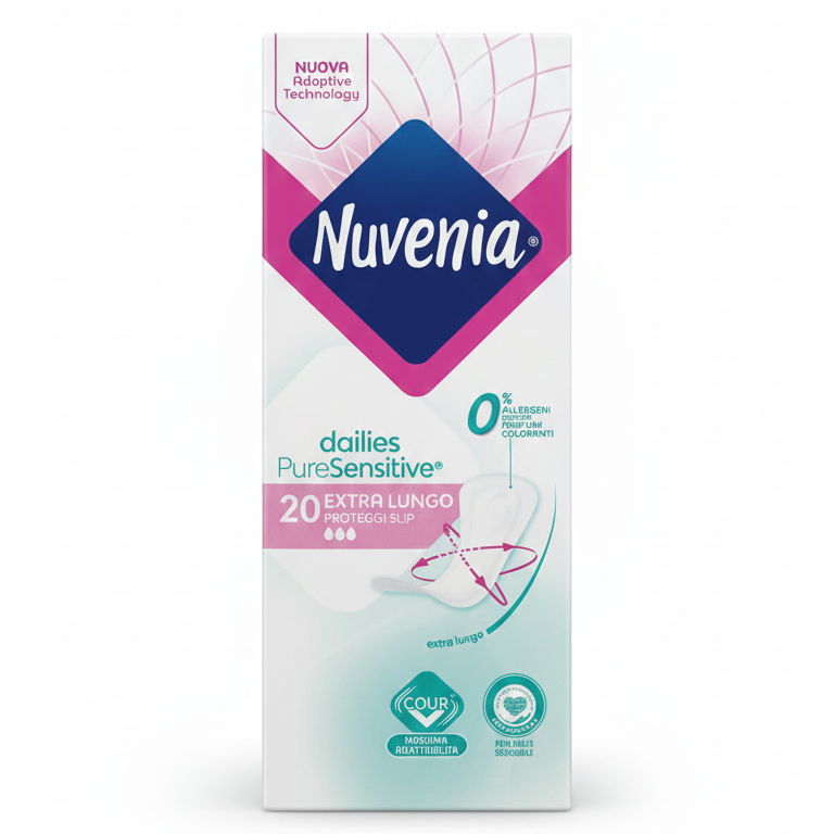 Nuvenia Dailies Pure Sensitive™ Proteggi-Slip 20 Pezzi | 0% Allergeni, Profumi e Coloranti | Tecnologia Cour-V™ per Massima Adattabilità | Ipoallergenici e Ginecologicamente Testati | Ideale per Pelli Sensibili