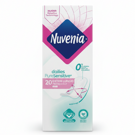Nuvenia Dailies Pure Sensitive™ Proteggi-Slip 20 Pezzi | 0% Allergeni, Profumi e Coloranti | Tecnologia Cour-V™ per Massima Adattabilità | Ipoallergenici e Ginecologicamente Testati | Ideale per Pelli Sensibili
