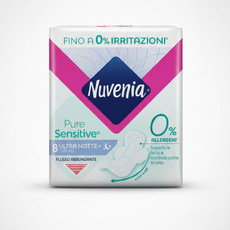Nuvenia Pure Sensitive™ Ultra Notte con Ali 8 Pezzi | Protezione Massima 0% Irritazioni e Allergeni | Tecnologia Max Cour-V™ per Adattabilità Totale | Extra-Lungo per Flussi Molto Abbondanti | Ipoallergenici