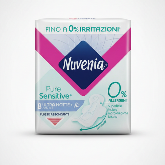 Nuvenia Pure Sensitive™ Ultra Notte con Ali 8 Pezzi | Protezione Massima 0% Irritazioni e Allergeni | Tecnologia Max Cour-V™ per Adattabilità Totale | Extra-Lungo per Flussi Molto Abbondanti | Ipoallergenici