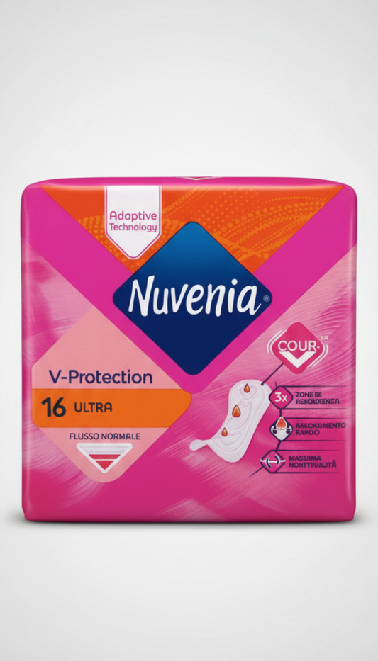 Nuvenia Ultra V-Protection Flusso Normale | 16 Pezzi | Tecnologia Curve Body Adaptive | 3x Zona Ultra Assorbente | 100% Sensazione di Asciutto | Ultrasottile