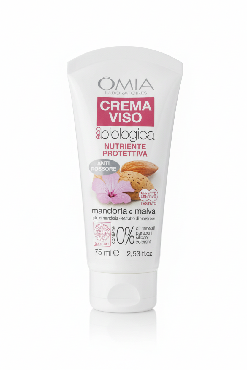 OMIA Crema Viso Nutriente Protettiva Mandorla & Malva 75ml – Eco Bio Certificata ICEA – Con Acido Ialuronico & Vitamina E – Anti Rossore