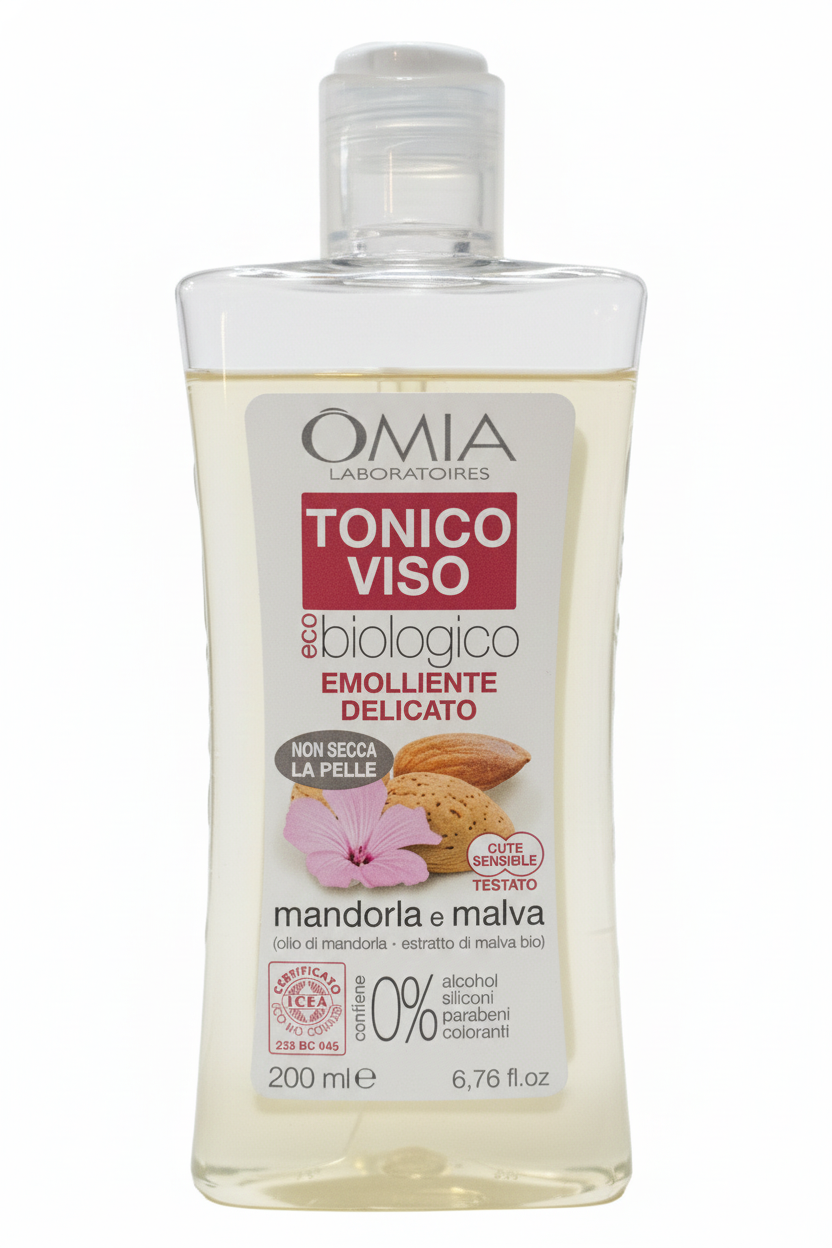 OMIA Tonico Viso Emolliente Delicato Mandorla e Malva Bio 200ml, tonico viso eco biologico certificato ICEA per pelli sensibili, senza alcool, siliconi e parabeni, azione lenitiva, rinfrescante e idratante, made in Italy.