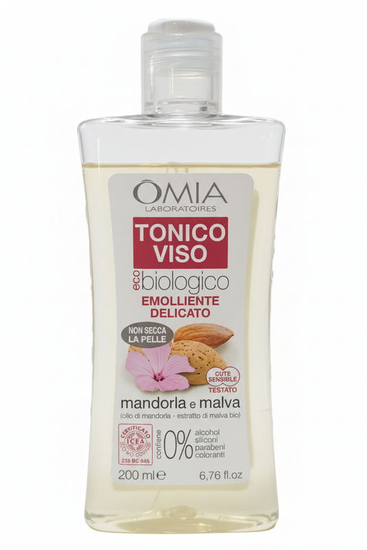 OMIA Tonico Viso Emolliente Delicato Mandorla e Malva Bio 200ml, tonico viso eco biologico certificato ICEA per pelli sensibili, senza alcool, siliconi e parabeni, azione lenitiva, rinfrescante e idratante, made in Italy.