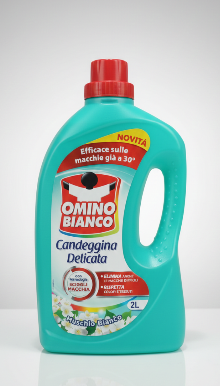 Omino Bianco Candeggina Delicata Muschio Bianco 2L | Tecnologia Scioglimacchia Attiva a 30°C | Smacchia, Igienizza e Profuma Capi Bianchi e Colorati | Additivo Igienizzante