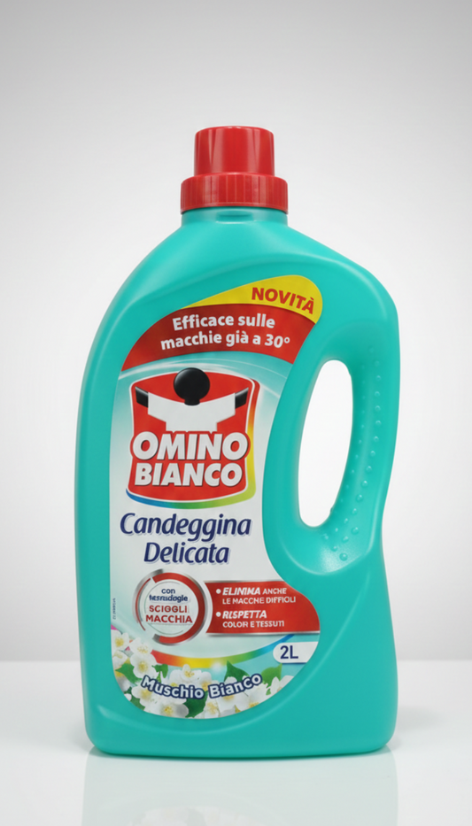Omino Bianco Candeggina Delicata Muschio Bianco 2L | Tecnologia Scioglimacchia Attiva a 30°C | Smacchia, Igienizza e Profuma Capi Bianchi e Colorati | Additivo Igienizzante