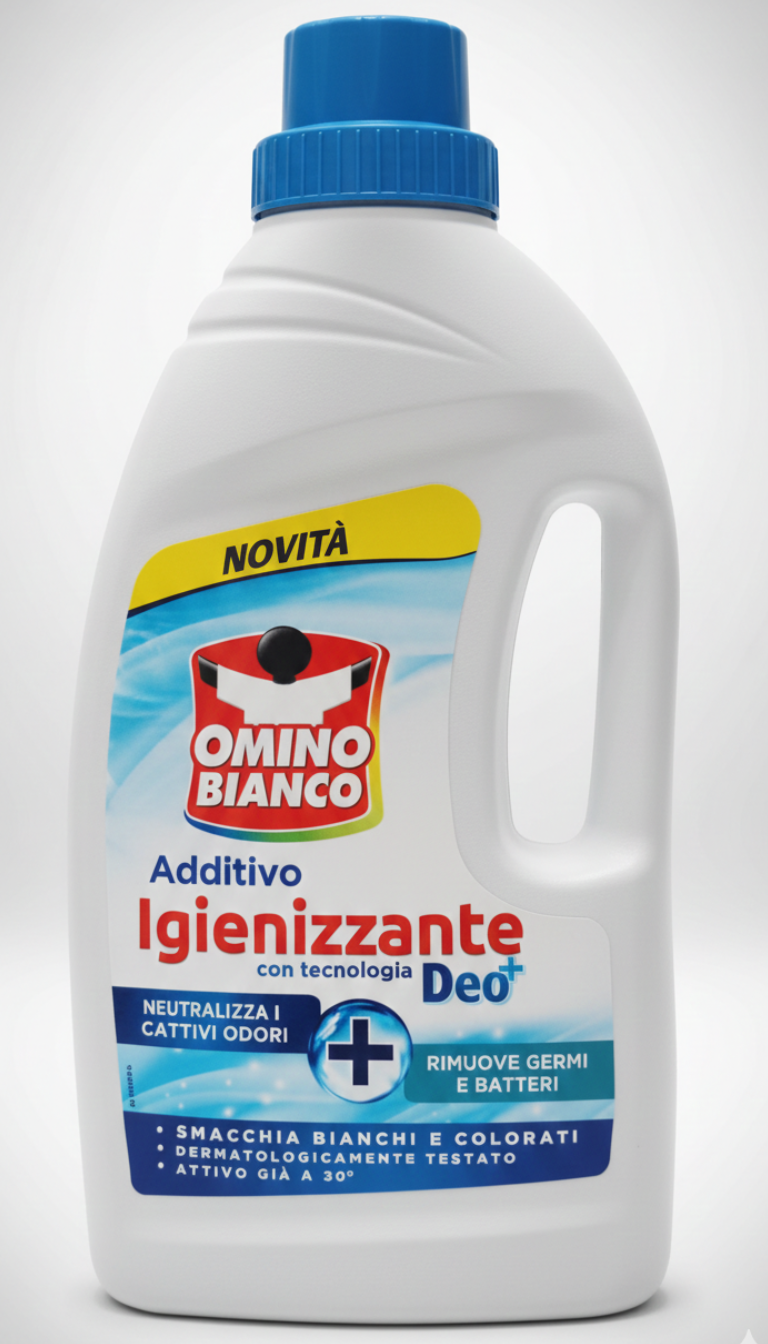 Omino Bianco Additivo Igienizzante Liquido Deo+ 900ml | Tecnologia Neutralizza Odori | Rimuove Germi e Batteri | Efficace a 30°C | Per Capi Sportivi e Bambini